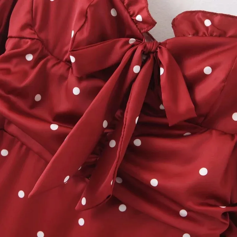 Vintage rouge à pois satin robe femmes manches bouffantes mini Sexy élégant en mousseline de soie club fête es coréen vestidos 210521