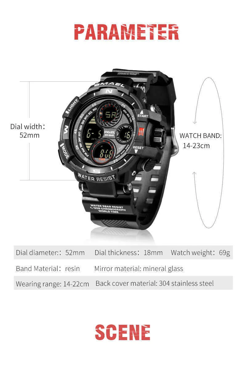 Montres masculines Smael imperméable Horloge sportive extérieure pour le chronomètre masculin Digital Quartz wrists 8022 Reloj Hombre Watch Q0524