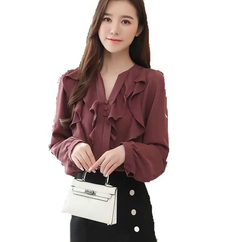 Spring Korean Ruffle Edge Vrouwen Tops Lange Mouwen V-hals Slanke elegante Chiffon Blouse Dames Blusas Mujer de Moda 8953 50 210527