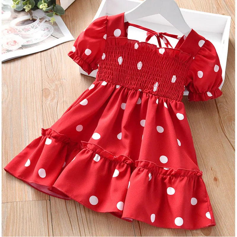 Fashion Party Girl Summer Princess Dress Sweet Puff Sleeve Polka Dot Print Children Chiffon Baby 210515