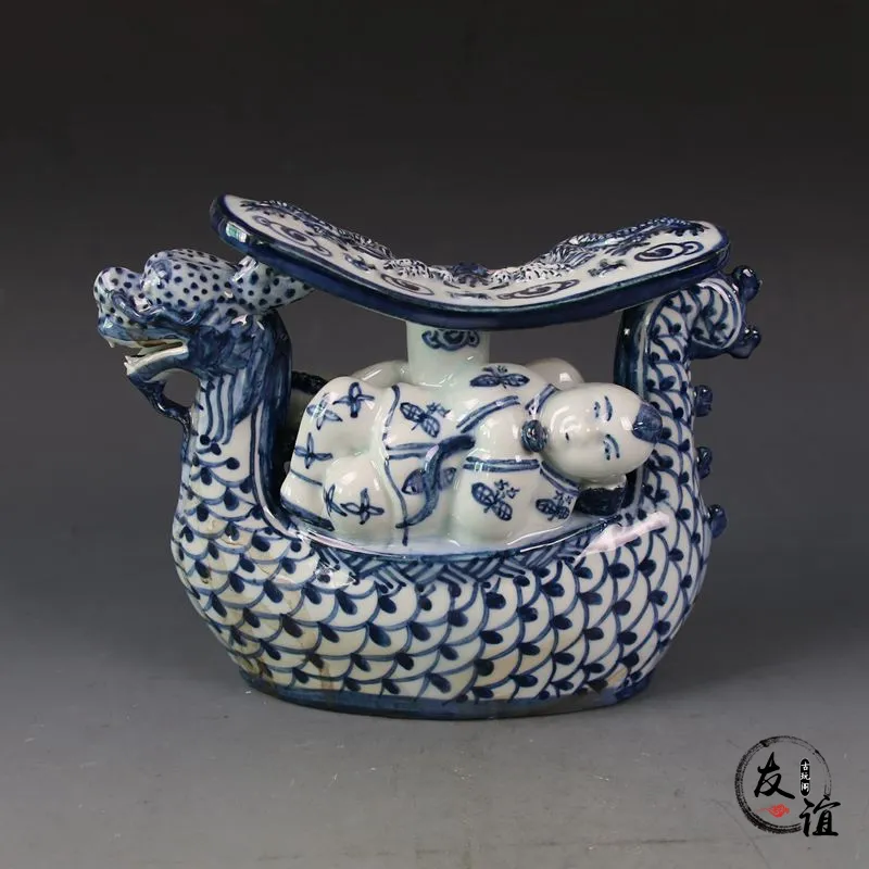 Jingdezhen porcelaine bleu et blanc doré garçon et jade fille dragon bateau porcelaine oreiller décoration de la maison