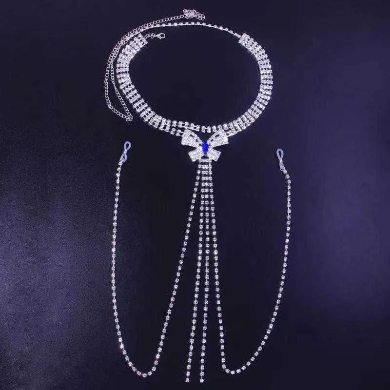 Stonefans Bleu Strass Mamelon Bijoux Non Piercing Harnais Collier Cristal Corps Chaîne Poitrine pour Femmes Rave Outfit