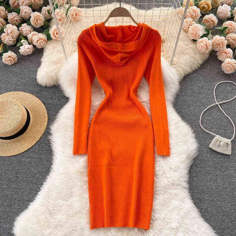 Teeuiear Vintage Slim hooded Autumn Bodycon Knitted Sweater short dress hoodies vestidos Winter party Women sheath pocket dress G1214