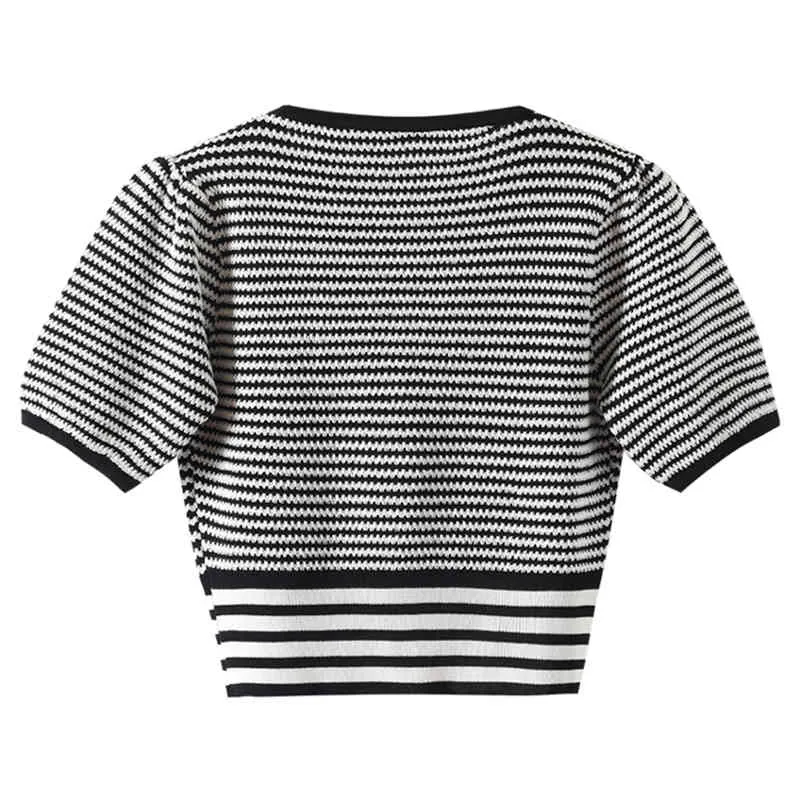 黒の縞模様のスプライスされた編み物Tシャツの緩いフィットVネック半袖女性のファッション春の夏のカーディガンセーターB-089 210522