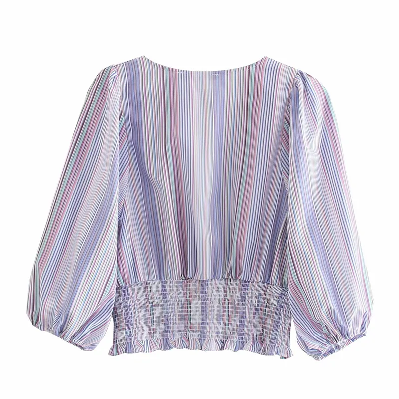 Elegant purple puff sleeve women's blouse V-neck chic striped vintage shirt for lady Slim fahsion short tops female 210430