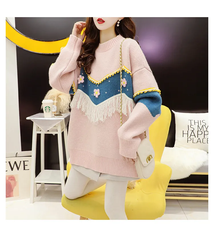 H.SA Women Pullover and Sweaters Long Sleeve Tassel Floral Pink White Tops Casual Spring Sweater Jumpers 210417