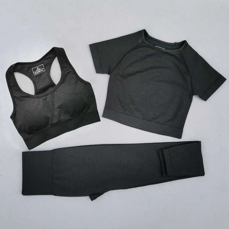 2/3 pezzi set yoga vitale senza soluzione di continuità abbigliamento sportivo abbigliamento fitness donna leggings + reggiseno sportivo + manica corta crop top tute da palestra 210802