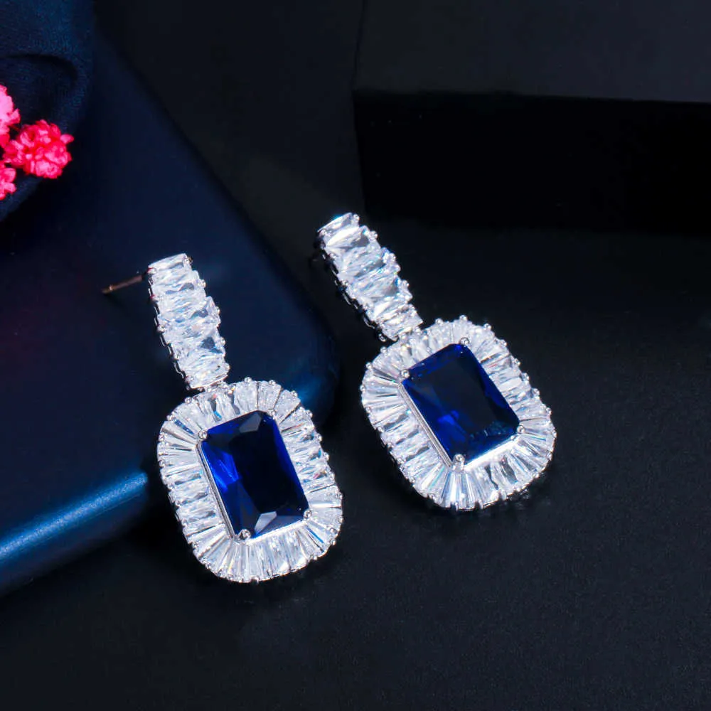 Bling Square Drop Dark Blue Cubic Zirkon ketting en oorrang feest sieraden set voor bruiloft bruiden T507 2107141739524