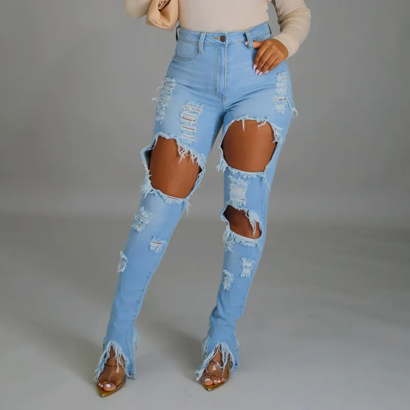 Plus Size Women Washed Ripped Jeans Mode Sexy Hoge Taille Skinny Denim Broek Blauwe Holle uitgehold Bleeked Potlood Broek 210517