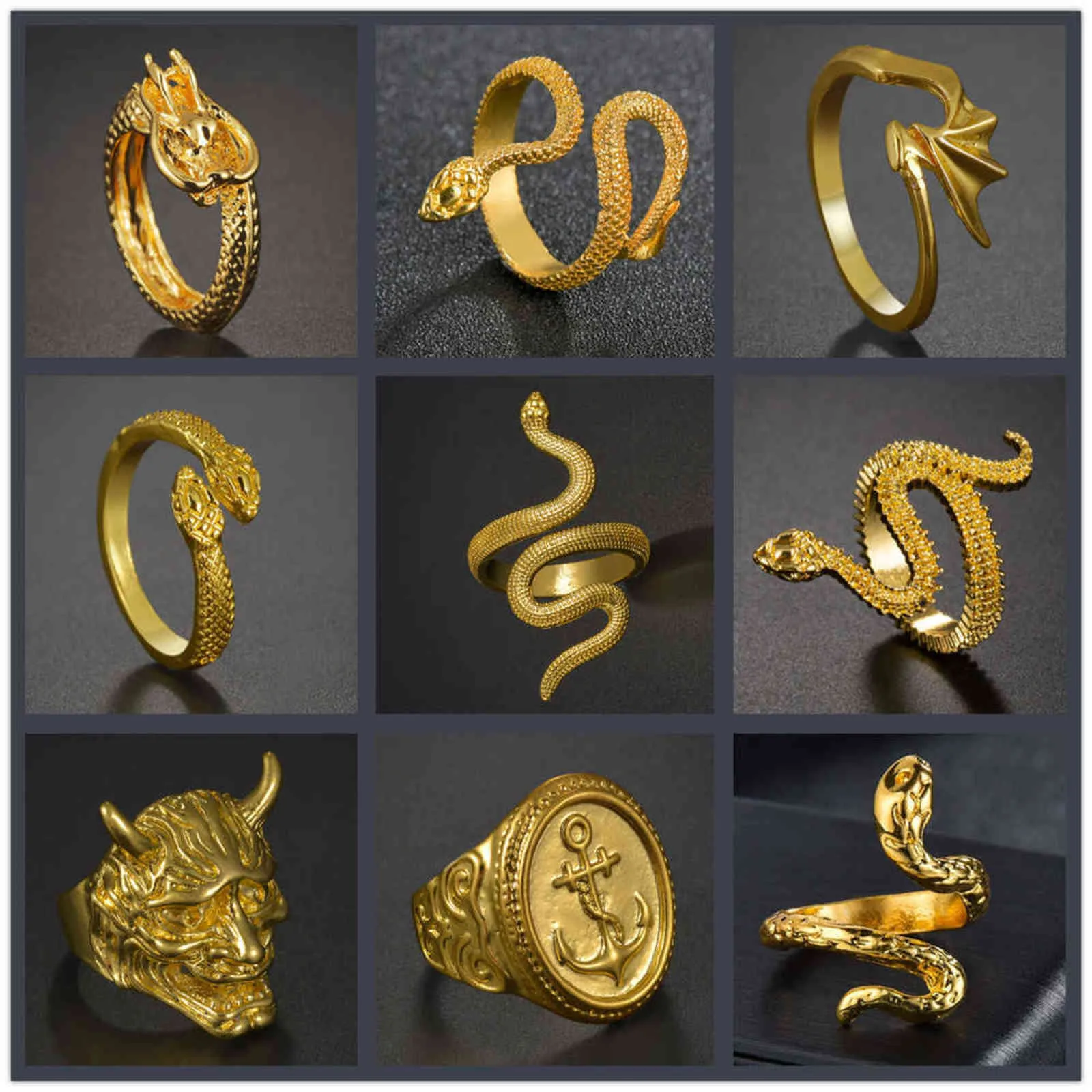 Moda dragão âncora anéis de cobra de caveira para mulheres cor ouro pesado metais punk rock anel vintage animal jóias atacado g1125