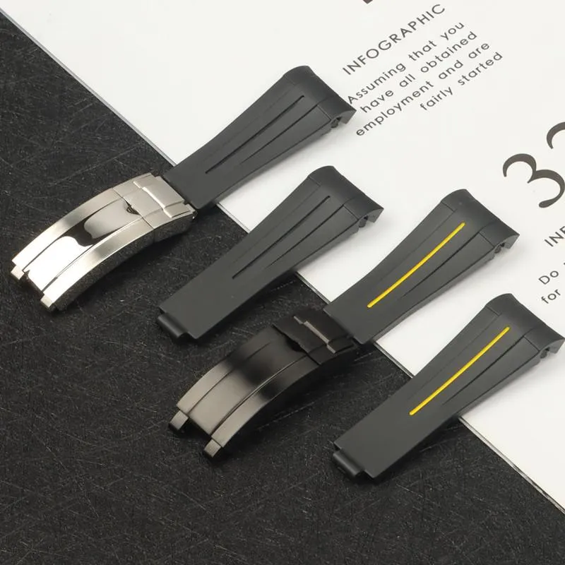 Bands de montre 20 mm Black Curbed Silicone Rubber Watch Band pour le rôle Bracelet Bracelet Glidelock ClâT Version 290C