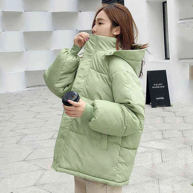 Korean Style Winter Women Down Jacket Oversize Loose Hooded Female Puffer Jackets Short Padded Solid Womens Coat 211223