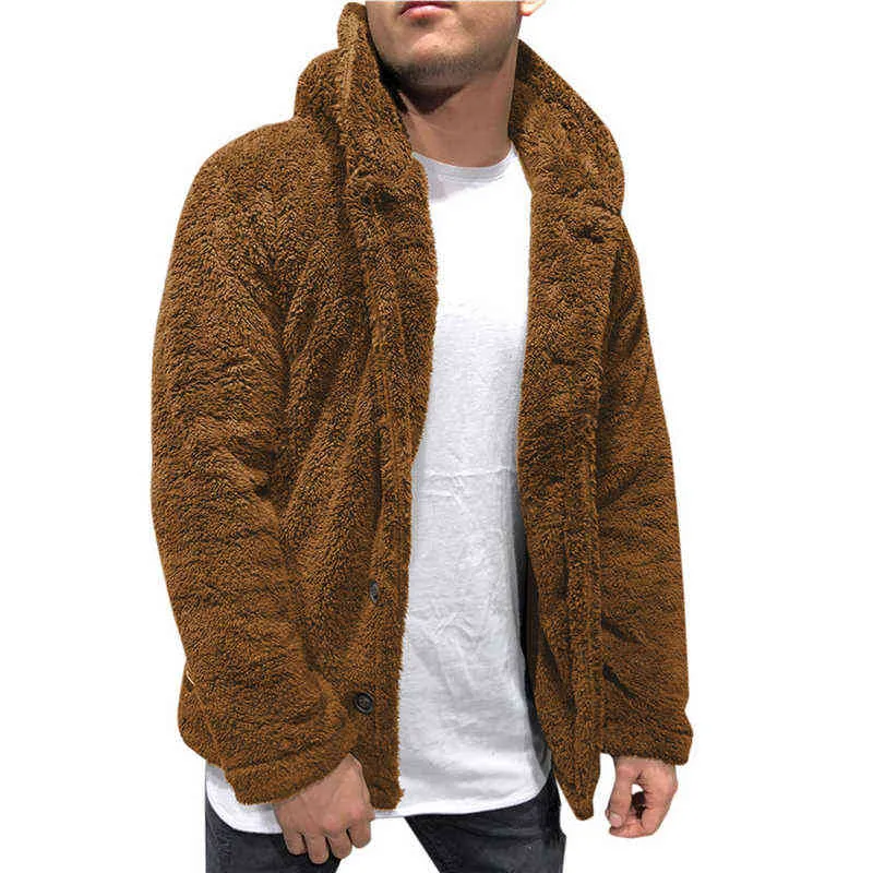 Mens knappar kappa varm faux päls vinter casual lös dubbelsidig plysch hoodie fluffy fleece jacka hoodies ytterwear 211214