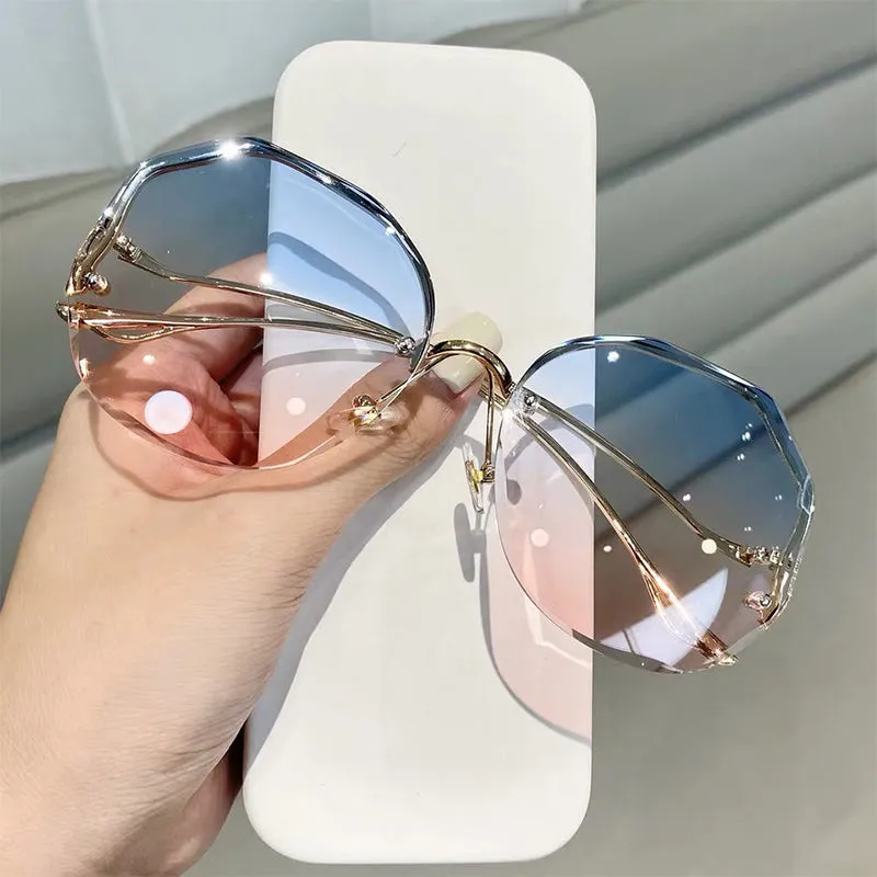 Fashion Tea Gradient Designer Sunglasses Women Ocean Water Cut Trimmed Lens Metal Curved Temples Sun Glasses Female UV400