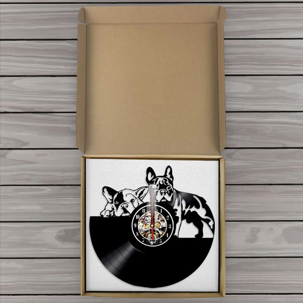 Bouledogue français Record horloge murale Design moderne animalerie décor chiot Relogio De Parede amant cadeau 2109138894121