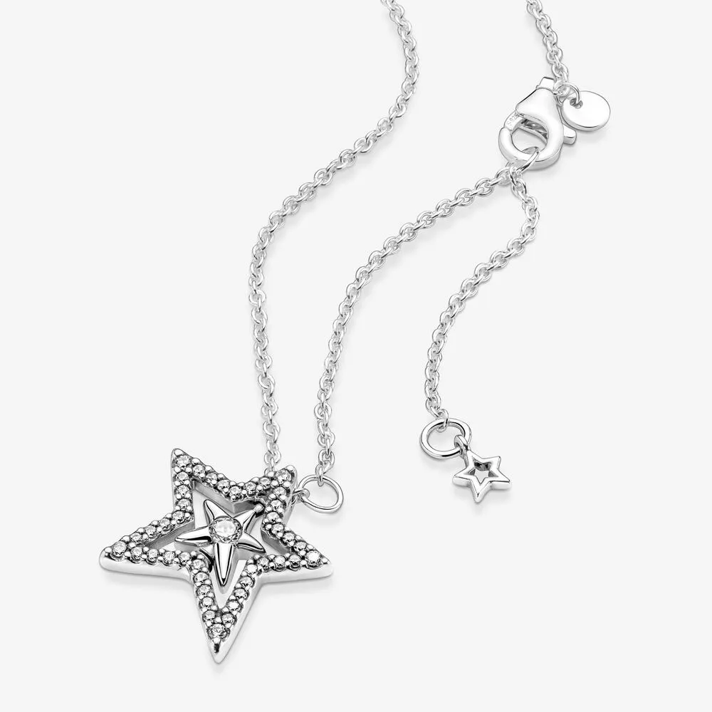 100％925 Sterling Silver Pave Simmmetric Star Collier Necklace Fashion Women Wedding Engagement Jewelry Accessories for Gift25s