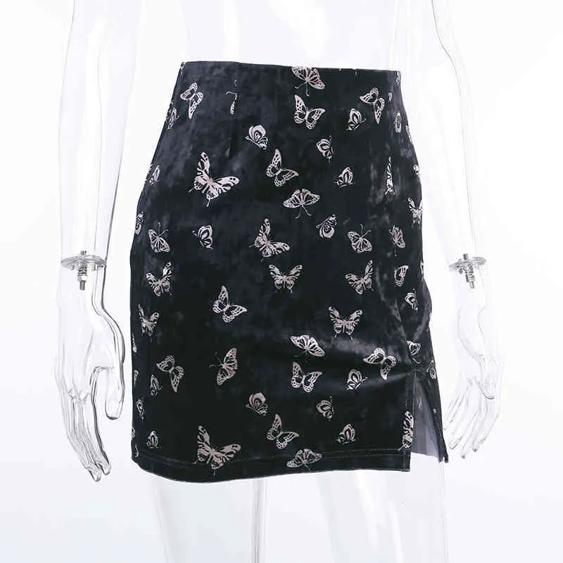 Mode taille haute Mini jupe noire femmes Streetwear moulante velours crayon jupes gothique Vintage Falda 210508