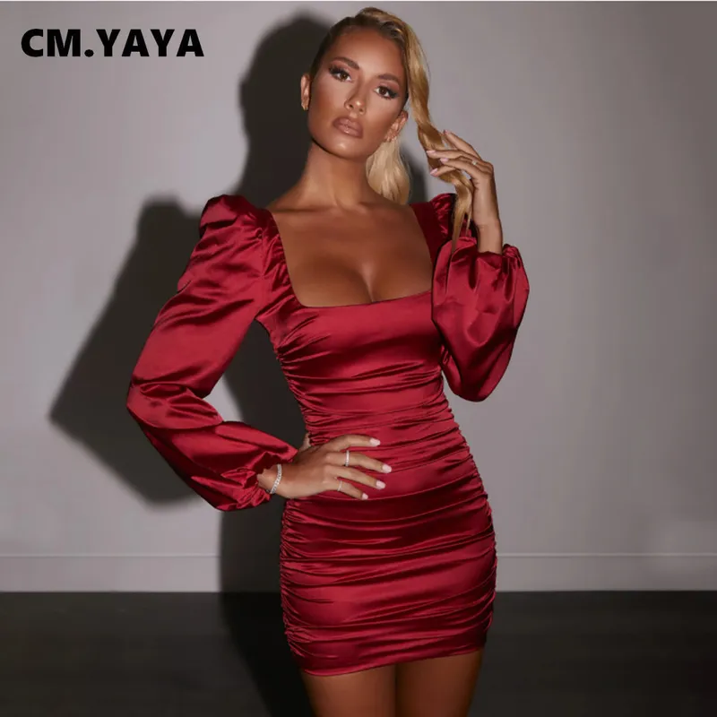 Cm.yaya cintura alta lanterna manga longa empilhada draped midi bodycon vestido para mulheres sexy club festa noite no pescoço U-pescoço retrocesso 220311