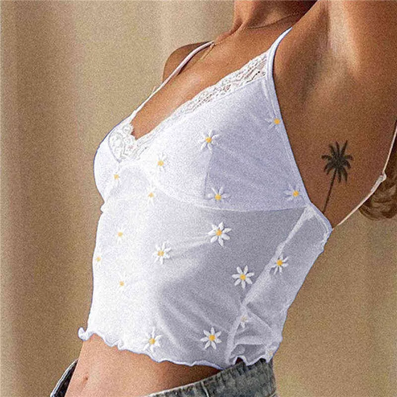 Weiße Spitze Sexy ärmelloses Spaghettiträger-Top Sommer bedrucktes rückenfreies Cami-Crop-Top für Damen mit V-Ausschnitt, bedruckter V-Ausschnitt G220228