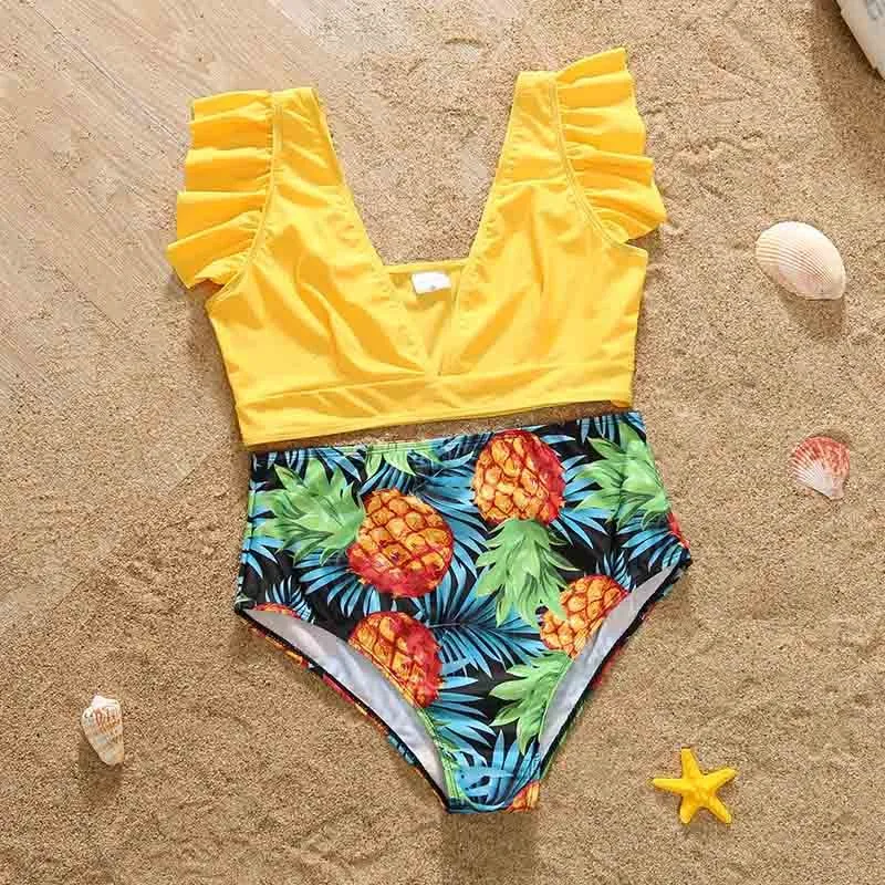 Costumi da bagno estivi con maniche a volant Look ananas Stampa completa Set gialli Costumi da bagno coordinati la famiglia Bikini madre figlia 210417