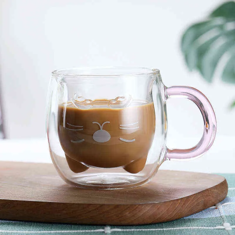 250-300ml Kawaii Cat Paw Glass Mug二重層絶縁ガラスカップ爆発証明厚いコーヒーミルクカップ大人の子供ギフト2111105255K