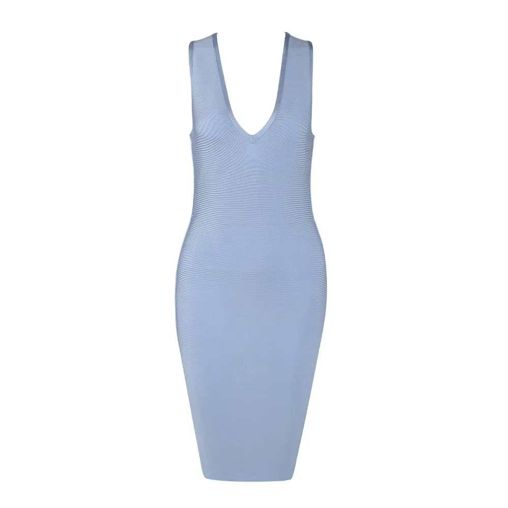 New Fashion 2020 Sexy V Neck Designer Light Blue Bandage Dress Women Sexy Backless Summer Party Dress X0521