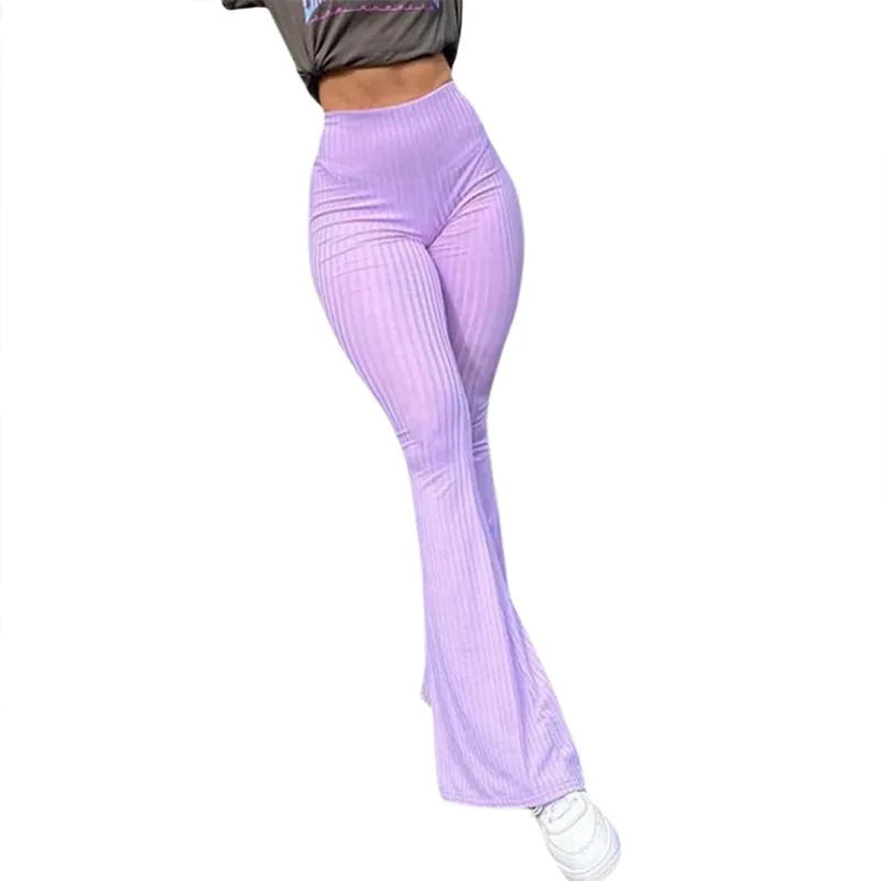 Femmes pantalon évasé côtelé tricoté mince élastique taille haute pantalons longs dames violet pantalons de survêtement femme Vintage vêtements 210522