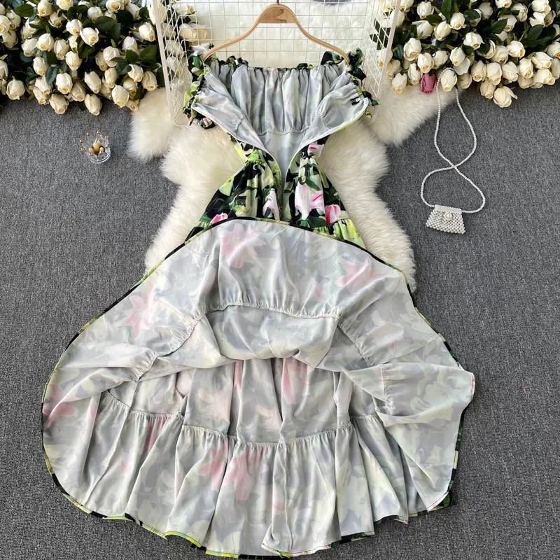 Style d'été manches bouffantes vacances doux robes femme champignon côté cou sans bretelles imprimé robe midi GL065 210506