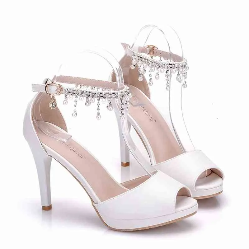 Sandels 2018 Sommar New Stiletto High Heeled Fih Mouth Women Tael Beaded Sandal Ett ord Spänne Caual Work Shoe 220303