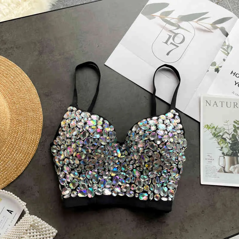 Singreiny Design Färgad Diamant Camisole Kvinnor Sexig Backless Bröst Padded Party Tank Top Summer Chic Fashion Strap Crop Tops 210419