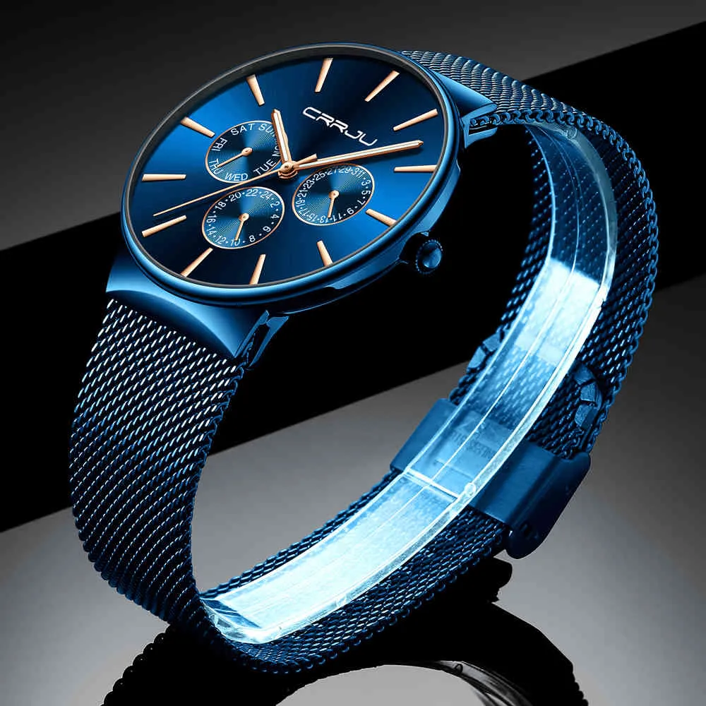 Reloj Hombre crrju Männer Blau Uhren Chronograph Ultra Dünn Date Mode Handgelenk für Männer männlicher Mesh Gurt Casual Quarzuhr 210517