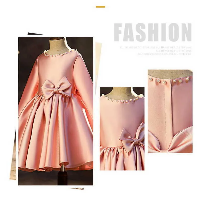 Spring Teenagers Girl Dresses Pearl Collar Bow Pink Princess for Party Wedding Piano Perform Kids Clothes E1041 210610