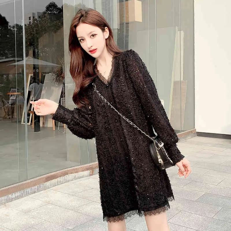 Damskie letnie sukienki, koreański cienki czarny luźny temperament koronki seksowna sukienka samica PL261 210506