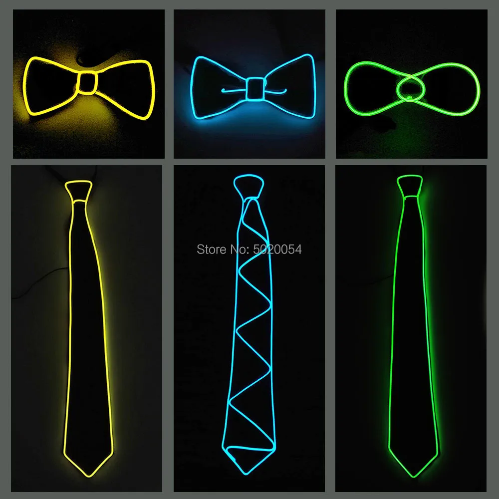 Accessori costumi Regalo da uomo Filo EL Cravatte nere Decorazioni feste di matrimonio Neon LED Cravatte luminose con fiocco Cravatte uomo Ragazzi Bambini