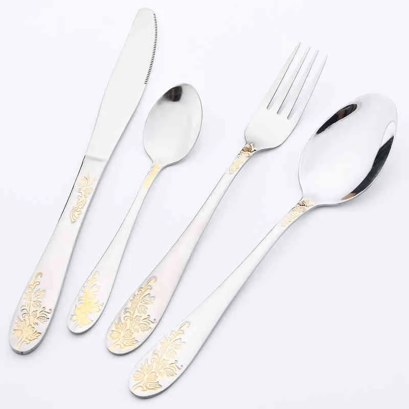vintage guld bestick set 18/10 rostfritt stål dinnerware knivar gafflar te sked silver för kök bestick porslin 211228