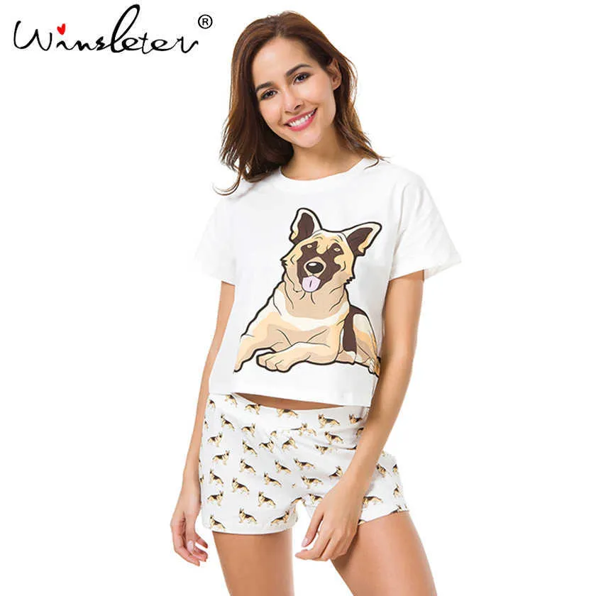 Pigiama da donna Bassotto Carlino Corgi Chihuahua Cane da pastore tedesco Crop Top Pantaloncini Elastico in vita Pigiama allentato S6706 210809