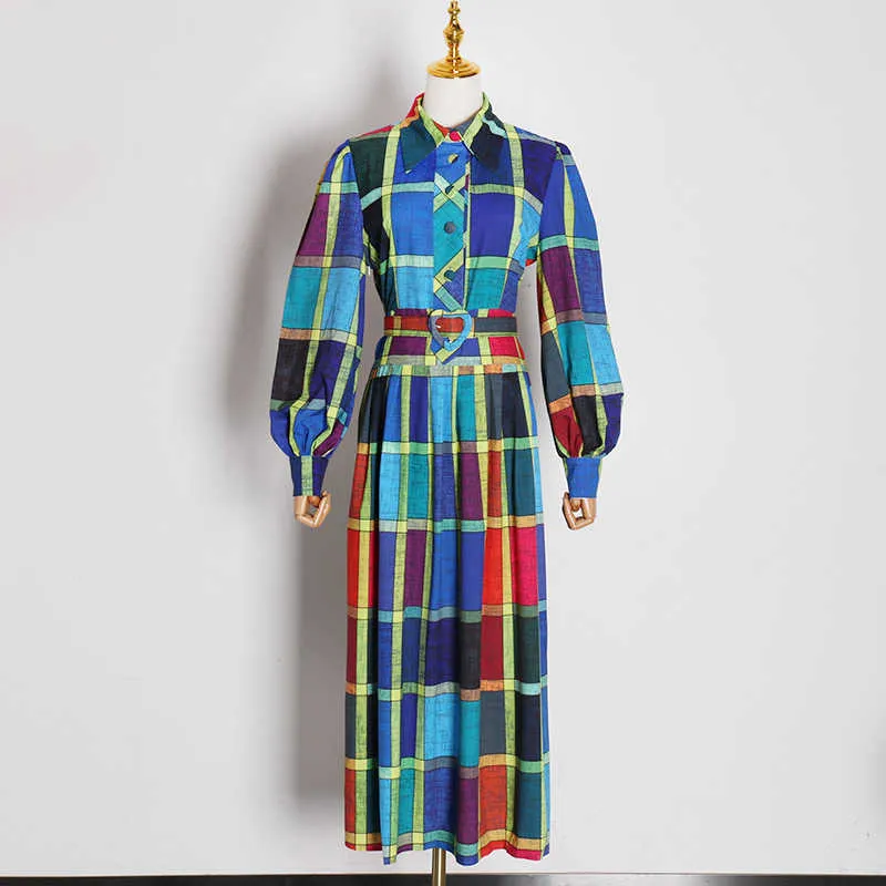 Robe à carreaux de couleur Hit pour femmes revers lanterne à manches longues taille haute avec ceintures robes vintage vêtements de mode féminine 210531