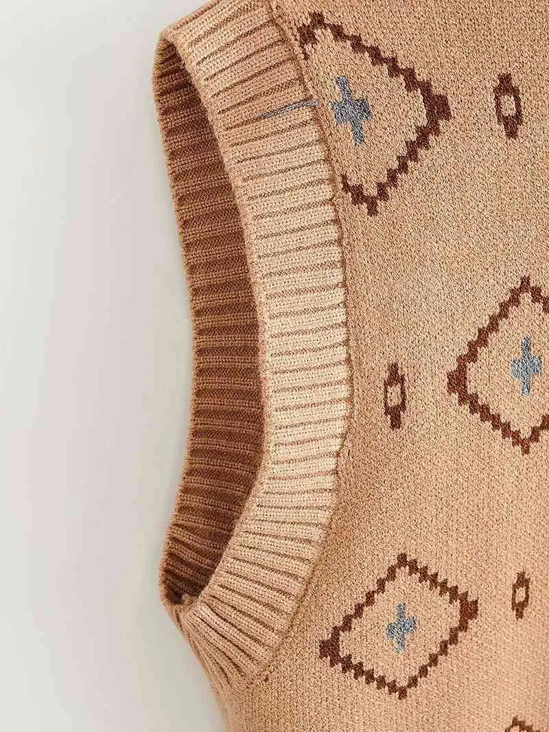 Höst V Neck Jacquard Plaid Knitting Västar Retro Ärmlös Tröja Knappar Vintage Kvinnor Cardigan Loose Casual Knitwear 210429