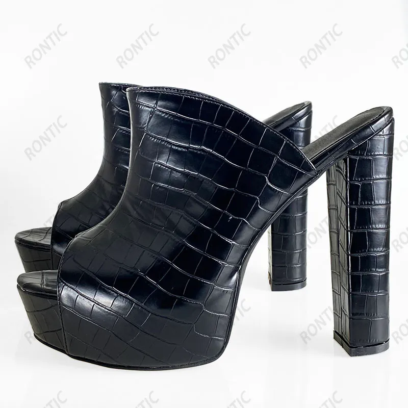 Rontic New Handmade Women Slingback Sandals Platform Stone Pattern Chunky Heels Open Toe Elegant Black Party Shoes US Size 5-20