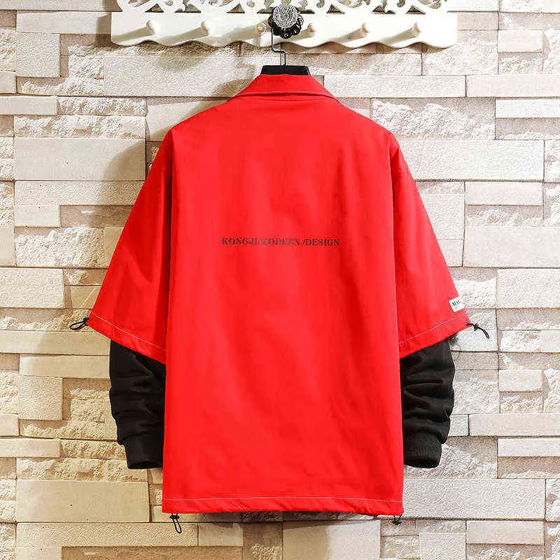 Япония стиль пуловер белый черный весенний осенняя куртка мужская уличная одежда бомбардировщик одежда поддельных двух частей негабаритных 5xL 6xL 7xL 211214