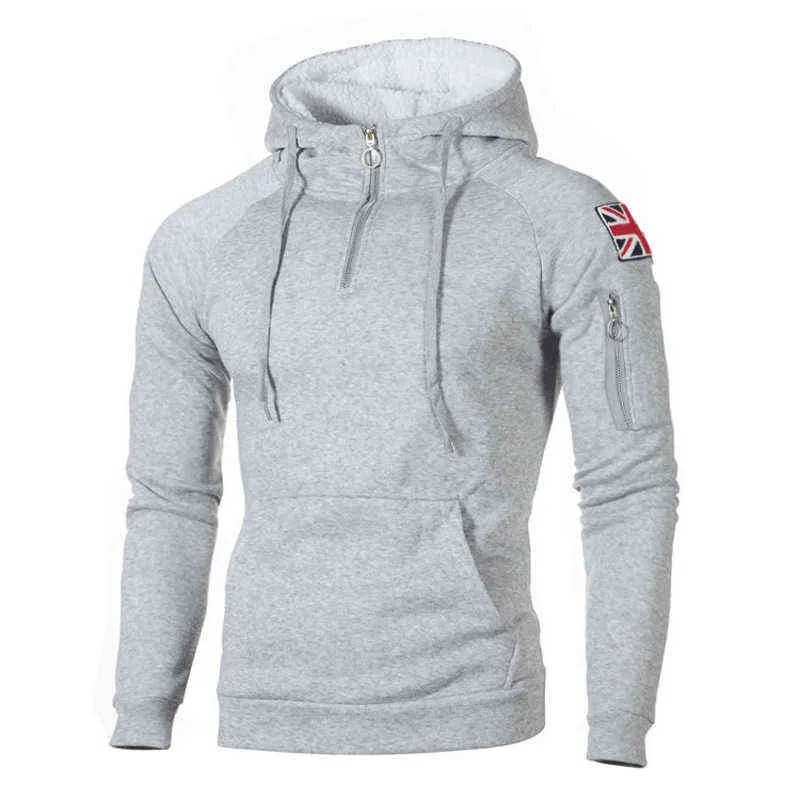 Autunno Cerniera Scollo Felpa con cappuccio Felpe in pile Felpe con cappuccio da uomo a maniche lunghe Tasca adesiva Scaldino invernale Corsa Abbigliamento sportivo 3XL 211217