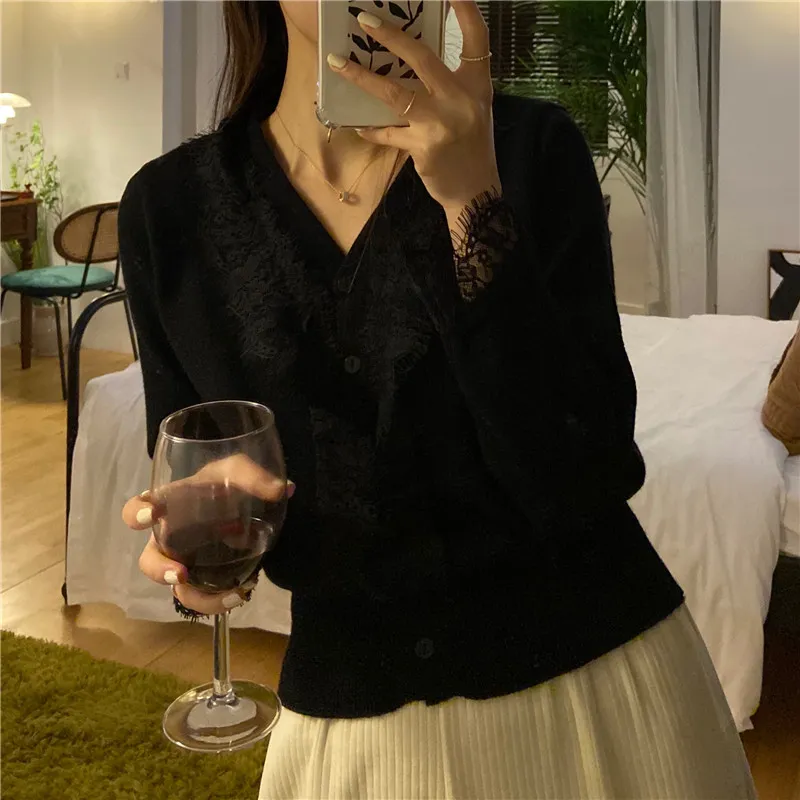 Moda V-Neck Swetry Koronki Ciepłe Wiosna Retro Elegancka Knitwear Przyczynowe Delikatne luźne Sweter Topy 210525