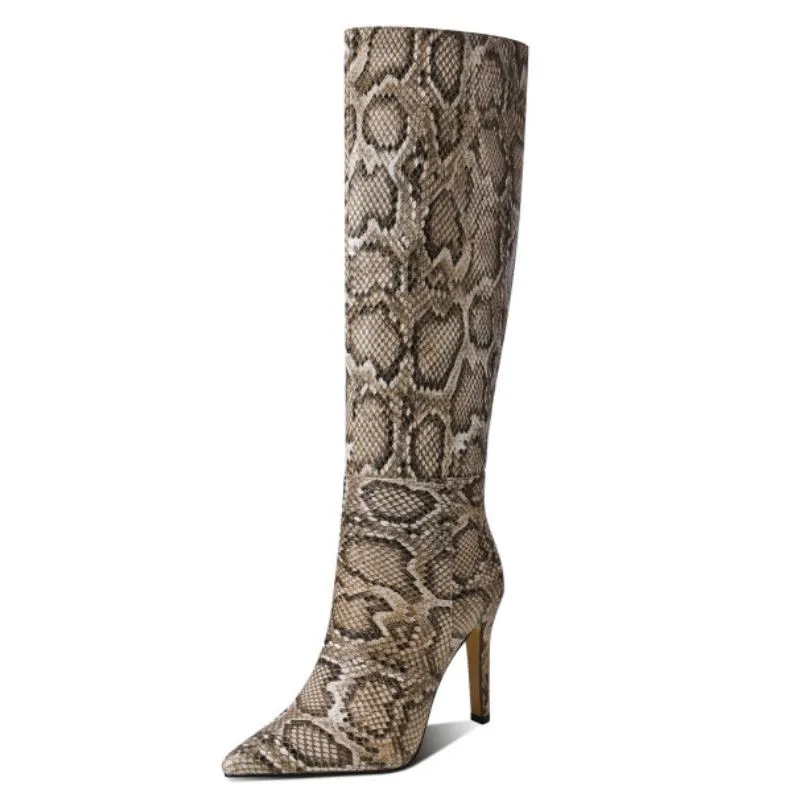 Taglia 34-43 Stivali alti al ginocchio Donna Modello serpente Stivali sexy da donna invernali con tacco alto Scarpe da club feste Calzature da donna