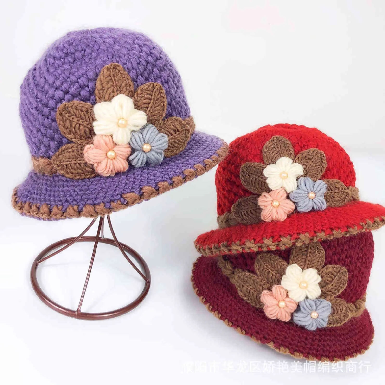 Mode De Noël Ru Nouvel An Toit Rond Hiver Tricot Laine Épaisse Fleur Chapeau Tricoté Femmes Fille Dame Cap Head Warmer En Plein Air Chapeaux Y21111