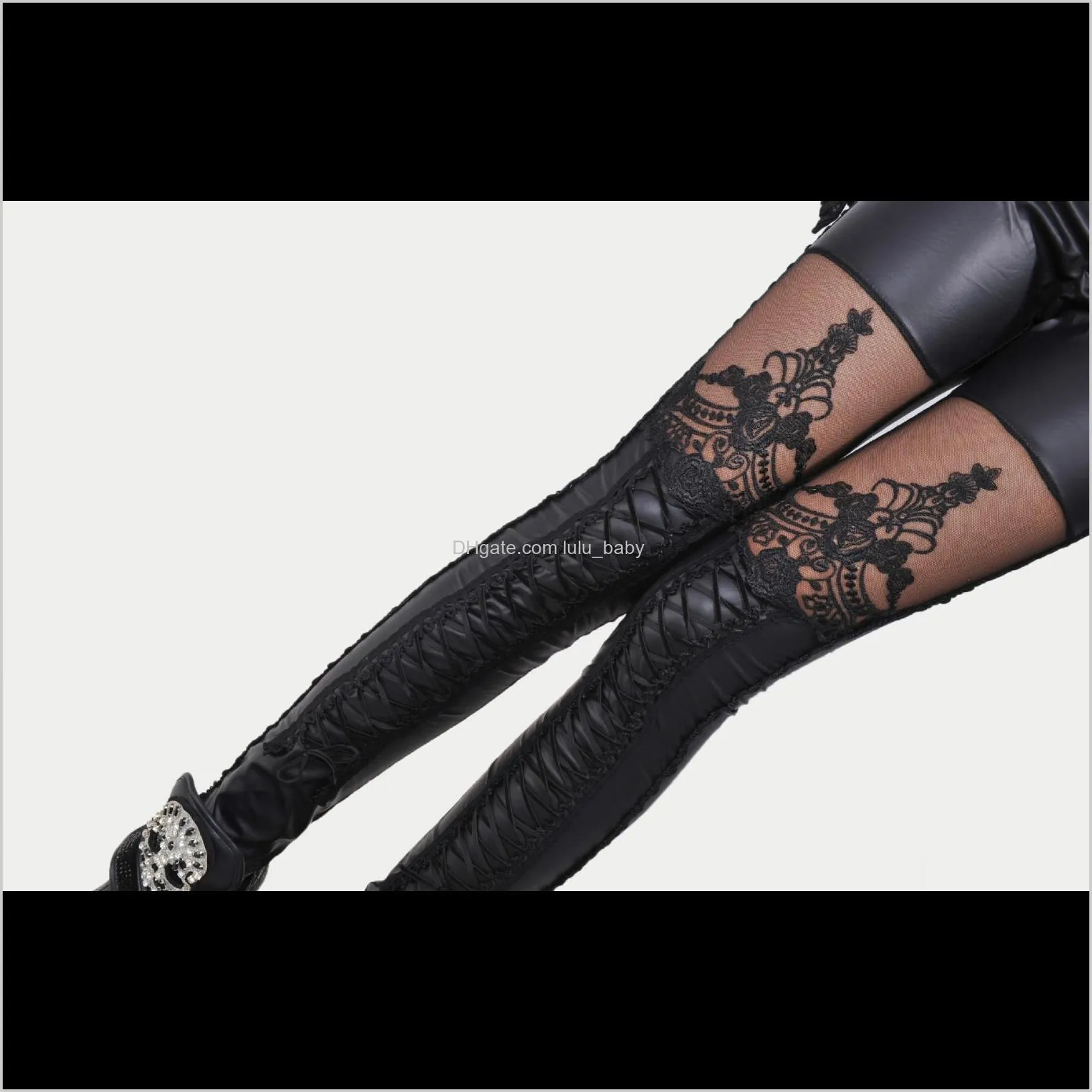 black legins punk gothic fashion women leggings sexy pu leather stitching embroidery hollow lace legging for women leggins