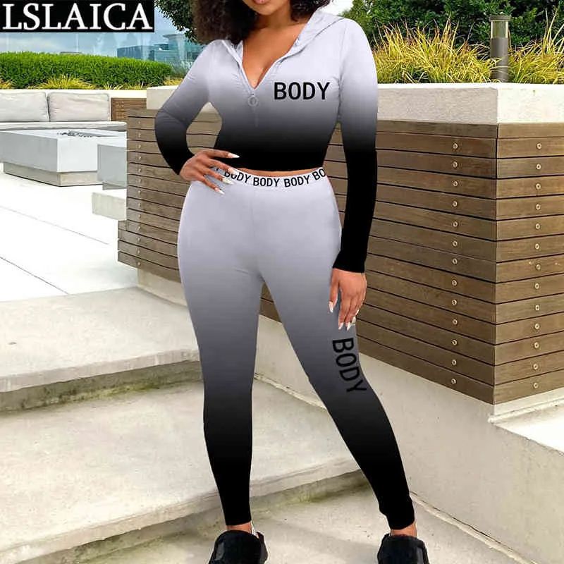 Outfits for Women Set Brev Skriv ut Hooded Crop Top Långbyxor Ställer Fashion Sportswear Casual Tracksuit Höst Sweatsit 210520