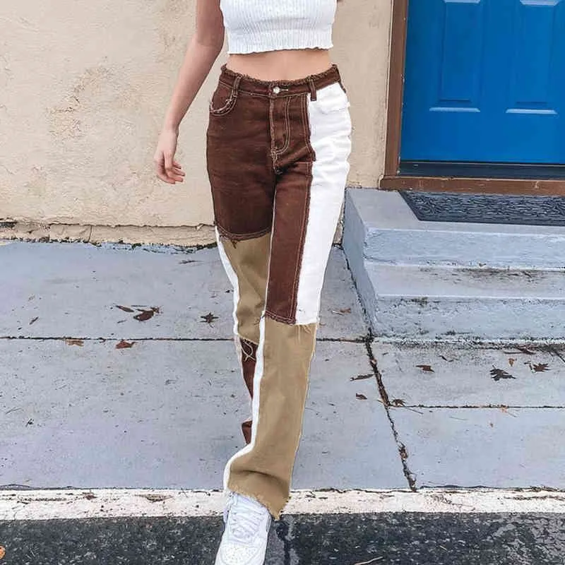 Marrone dritto Y2K Jeans moda donna ragazze Pantaloni denim vintage rattoppati femminili Pantaloni a vita alta Capris 210510