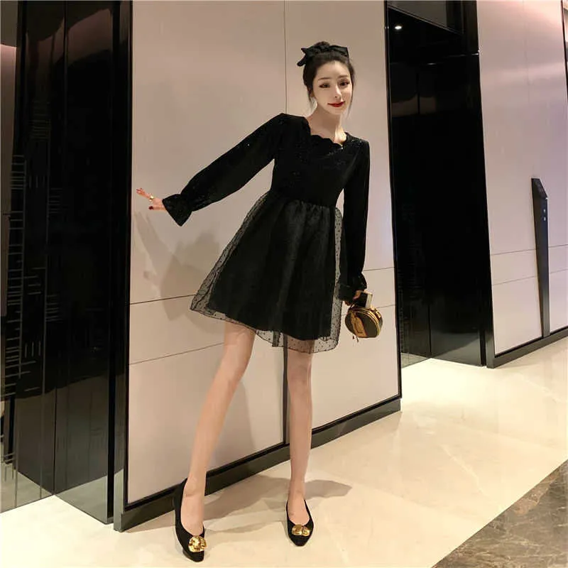 Seksi Kadife Siyah Kısa Goth Elbise Kış Dantel Kadınlar Tatlı Uzun Kollu Gece Kulübü Parti Kadın Korece 210604