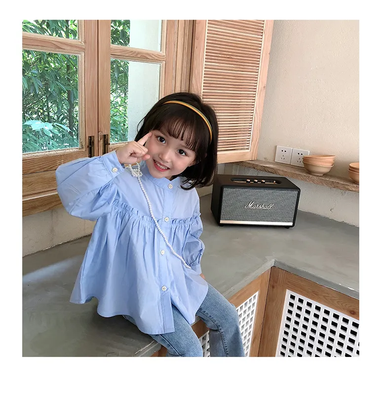 女の子の綿のゆるいパフトップ210508のための韓国風の秋のカジュアルなフリリーソリッドカラー長袖人形シャツ210508