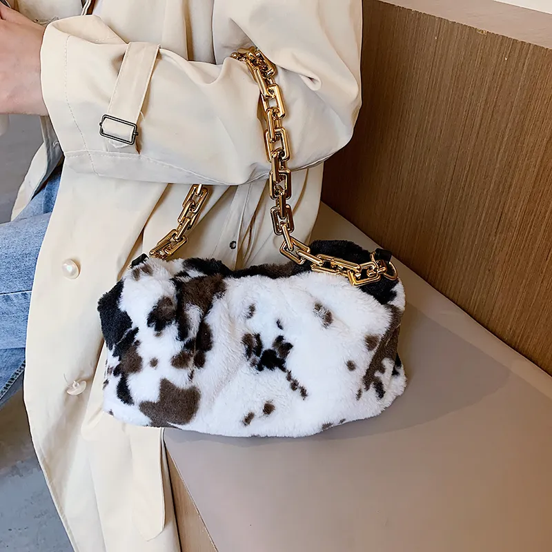 Handbags Cow Pattern Soft Faux Fur Small Shoulder Bags for Women 2021 Winter Womens Desinger Luxury Branded Chain Hand Bags